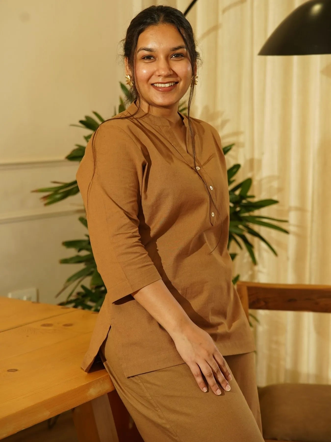 Coffee Brown Airy Linen Short Kurta Co-ord Set