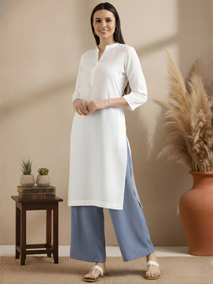 Women White Airy Linen Long Kurta & English Blue Viscose Palazzo Pant Set