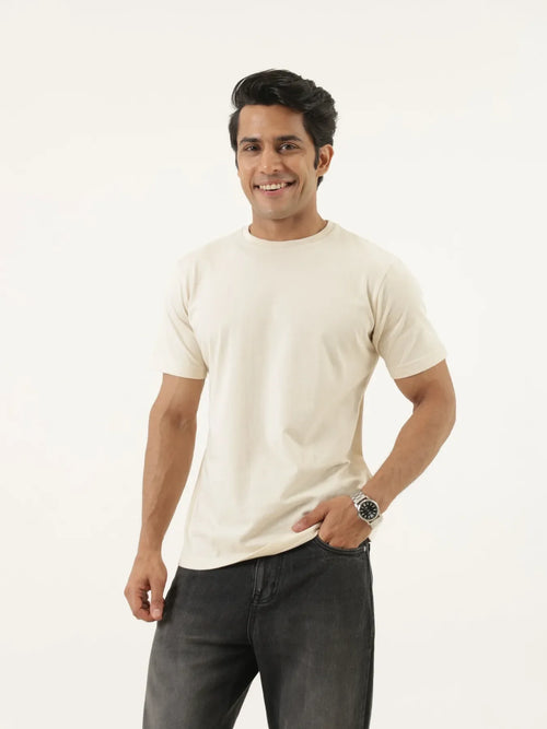Men Beige Round Neck T-shirt