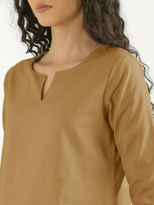 Women Coffee Brown Airy Linen Split Neck Short Kurta