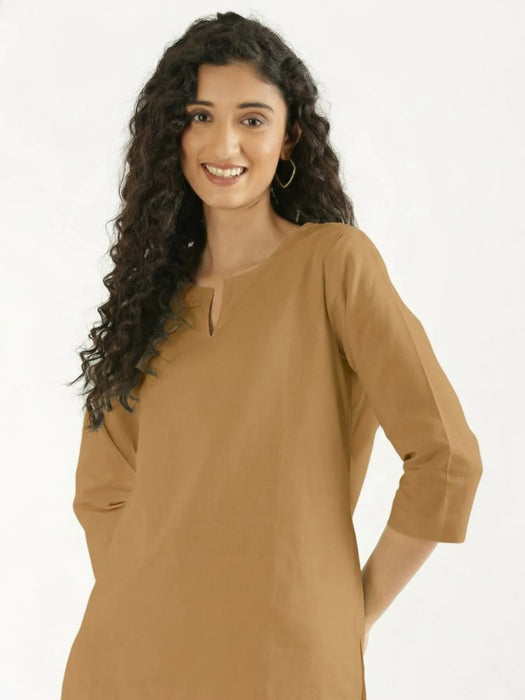 Women Coffee Brown Airy Linen Split Neck Short Kurta
