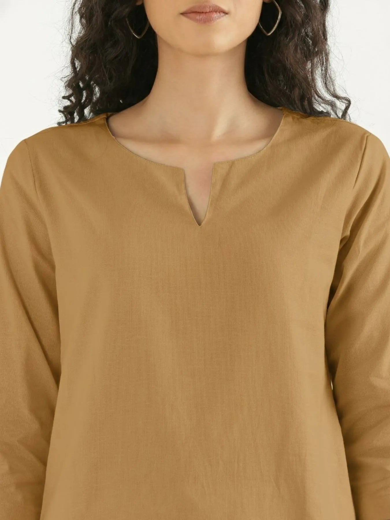 Women Coffee Brown Airy Linen Split Neck Short Kurta
