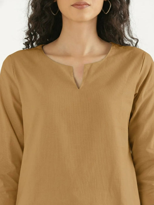 Women Coffee Brown Airy Linen Split Neck Short Kurta