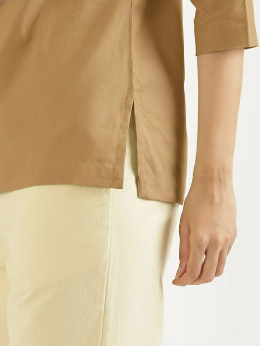 Women Coffee Brown Airy Linen Split Neck Short Kurta