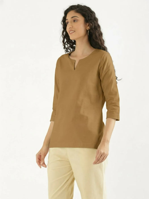 Women Coffee Brown Airy Linen Split Neck Short Kurta