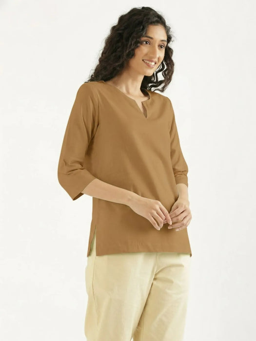 Women Coffee Brown Airy Linen Split Neck Short Kurta