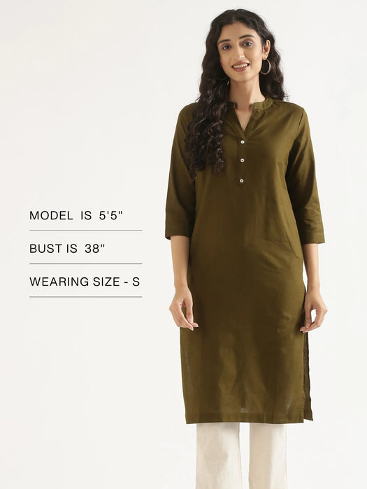 Women Olive Green Airy Linen Long Kurta
