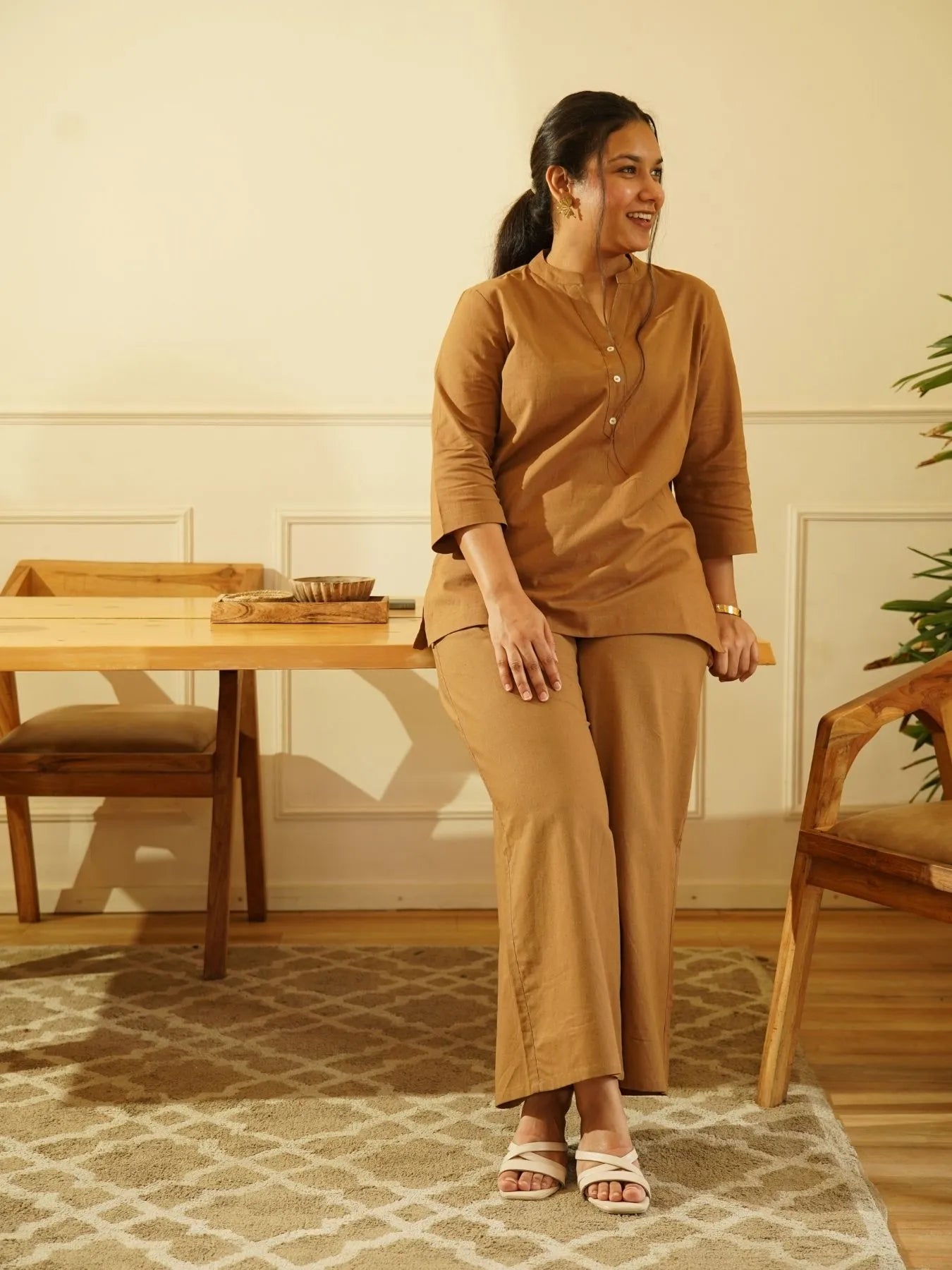 Coffee Brown Airy Linen Short Kurta Co-ord Set