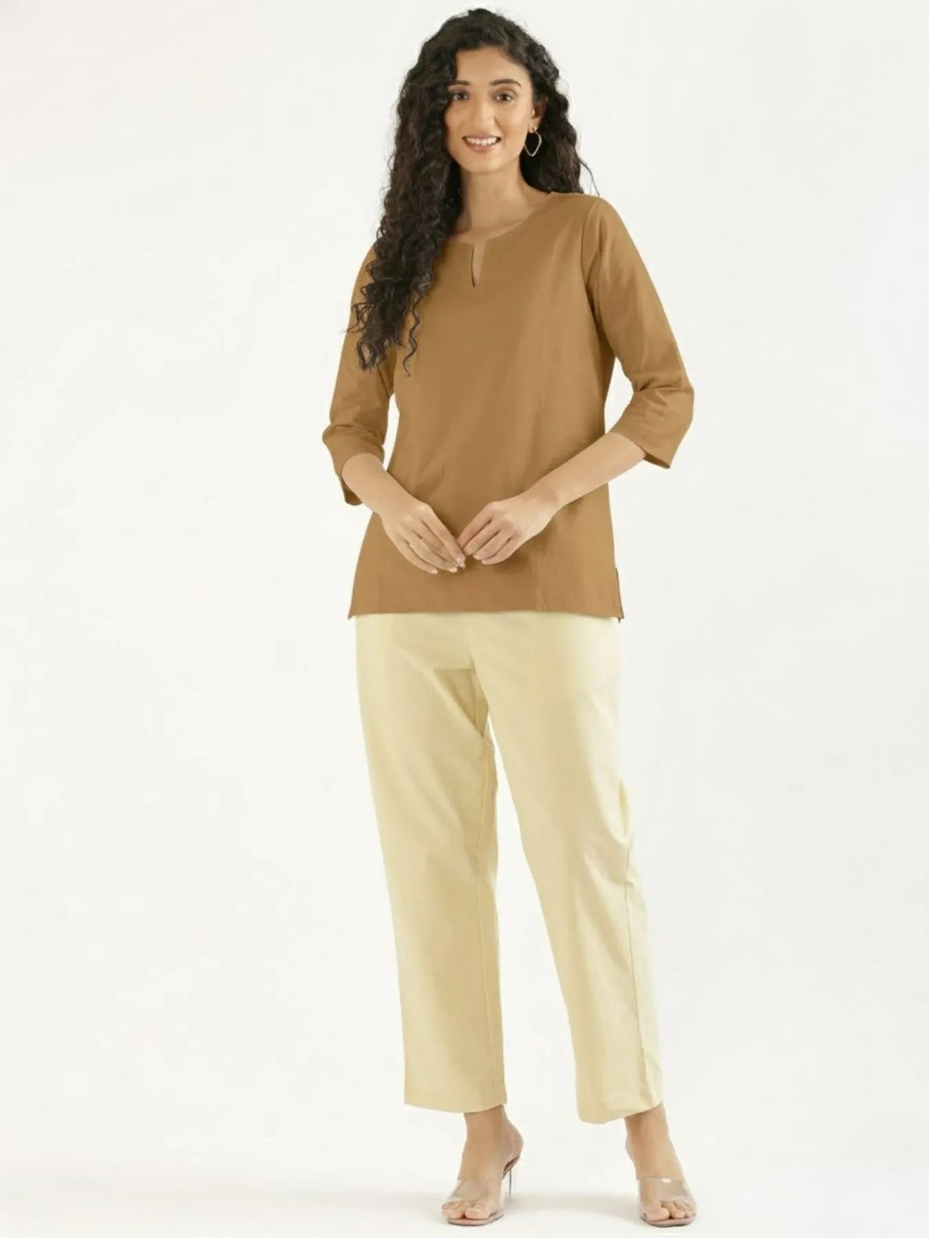 Women Coffee Brown Airy Linen Split Neck Short Kurta