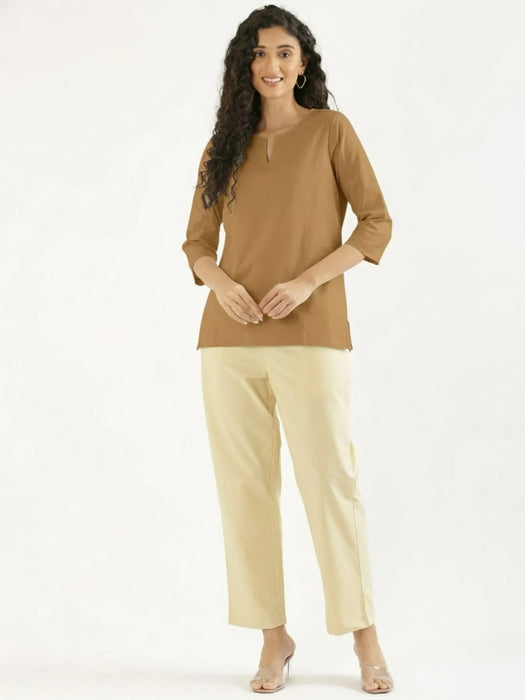 Women Coffee Brown Airy Linen Split Neck Short Kurta