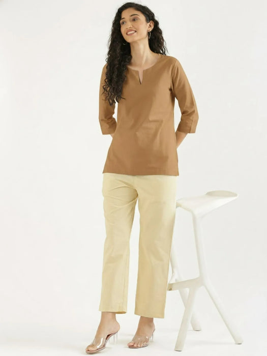 Women Coffee Brown Airy Linen Split Neck Short Kurta