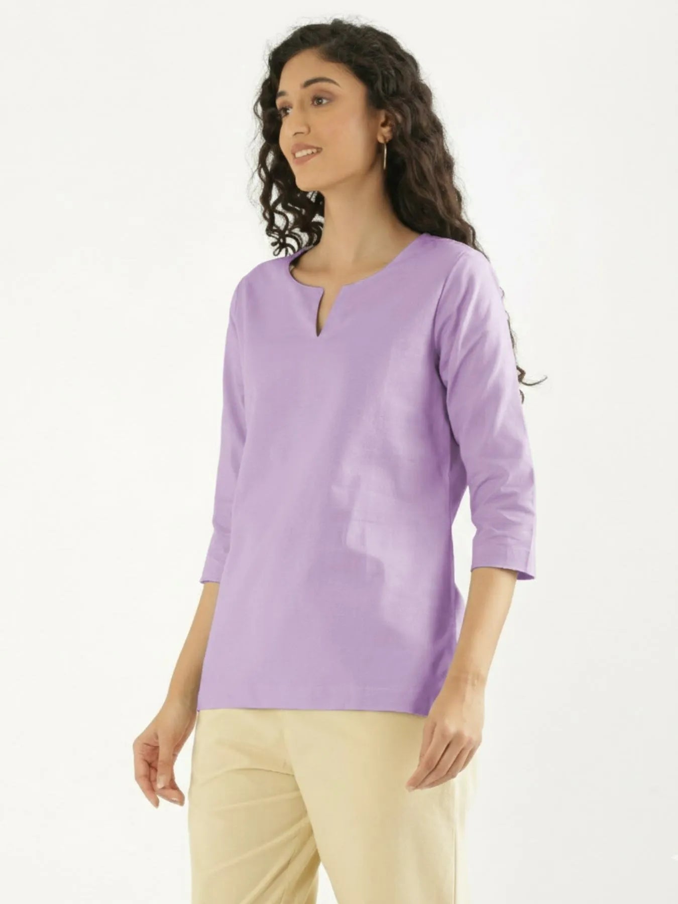Women Lilac Airy Linen Split Neck Short Kurta