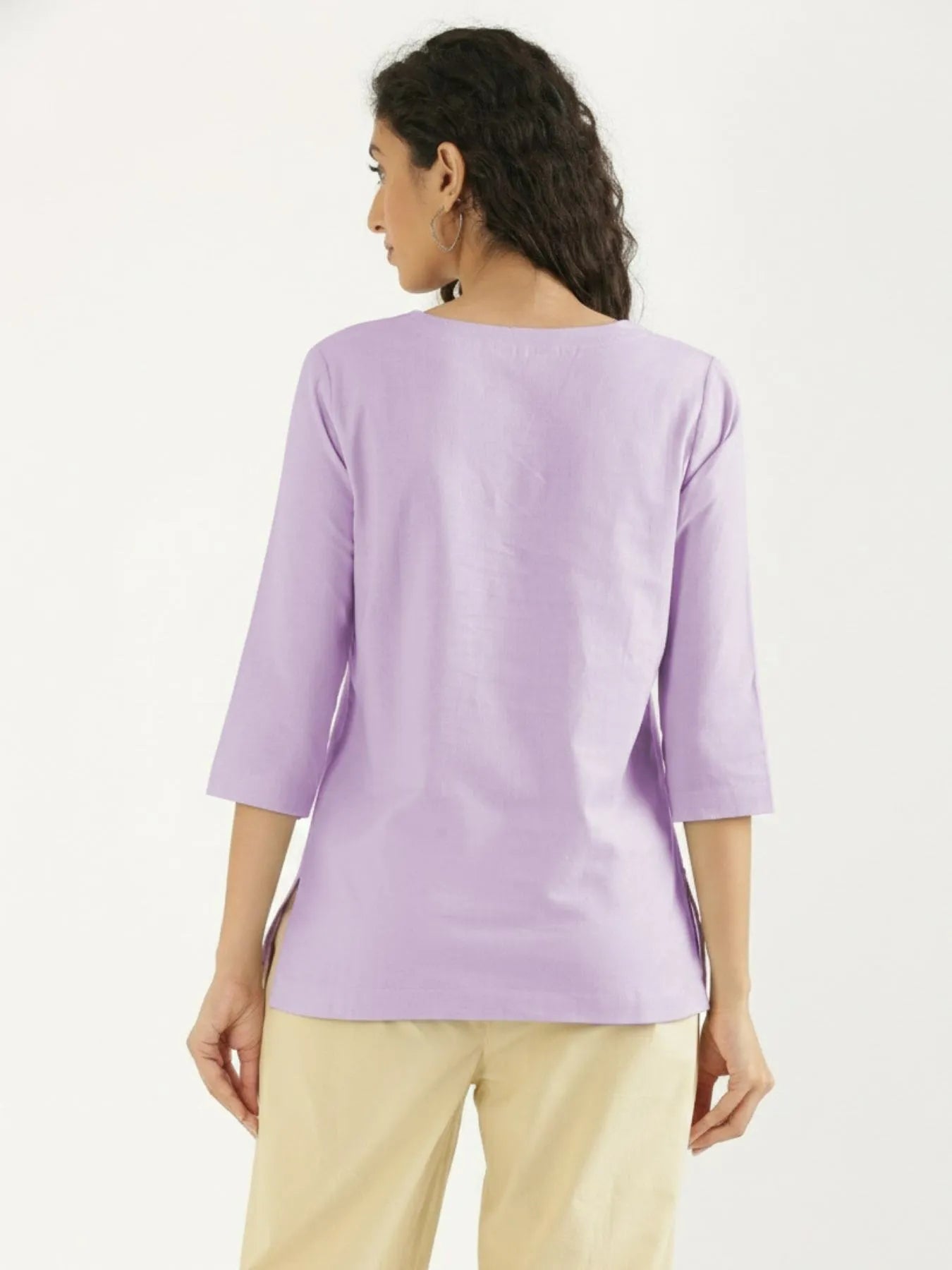 Women Lilac Airy Linen Split Neck Short Kurta