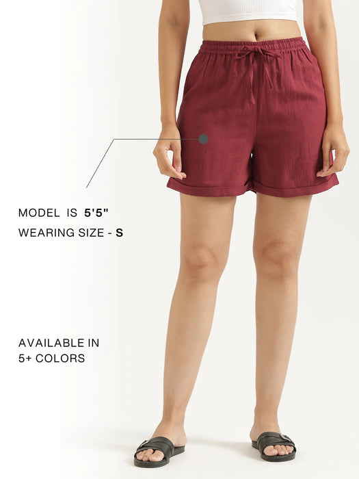 Women Maroon Flowy Linen Shorts