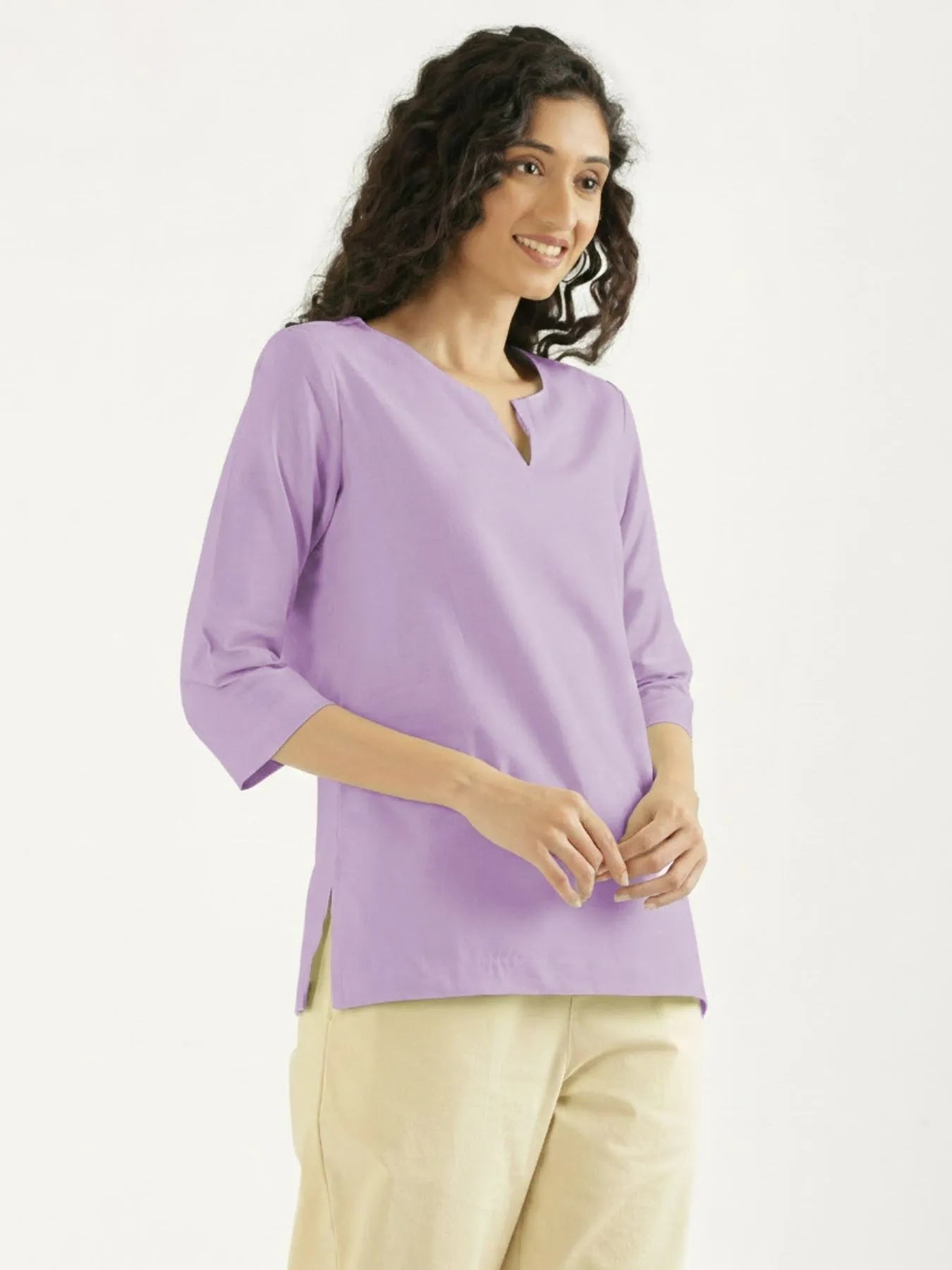 Women Lilac Airy Linen Split Neck Short Kurta