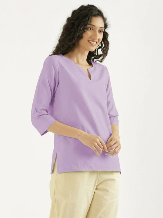 Women Lilac Airy Linen Split Neck Short Kurta