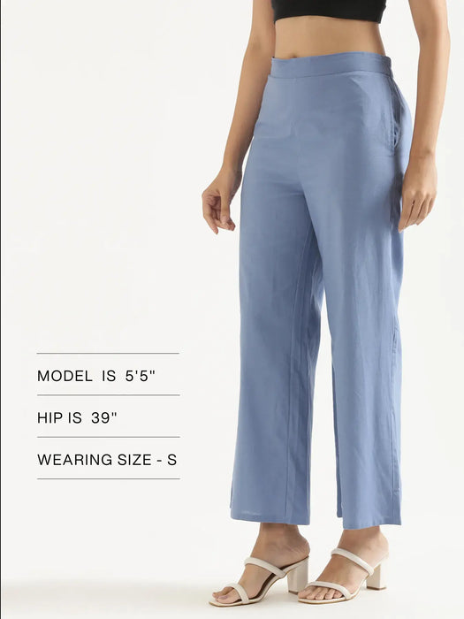 Women English Blue Airy Linen Wide Leg Pant