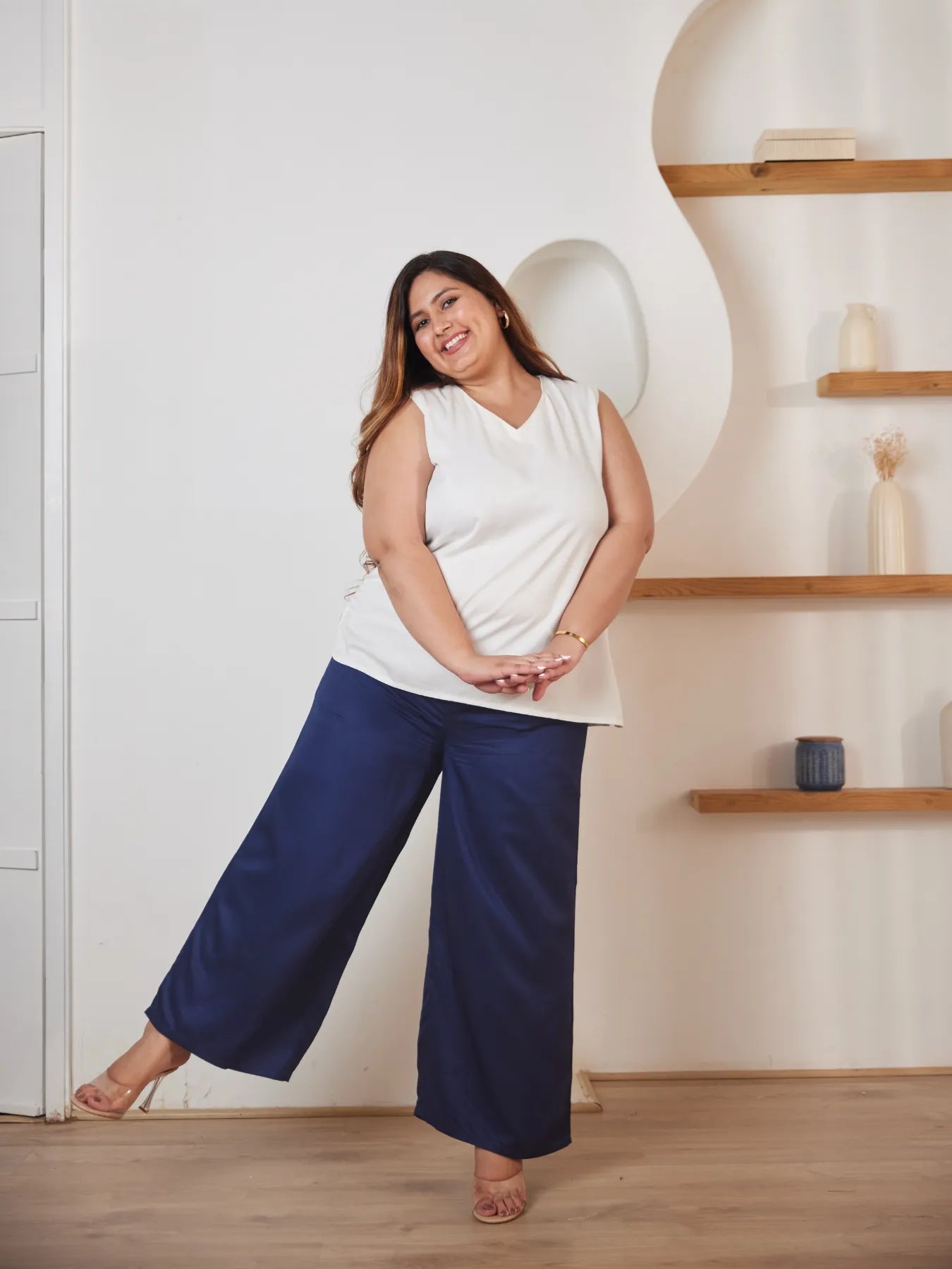 Women Plus Size Navy Blue Viscose Palazzo Pant