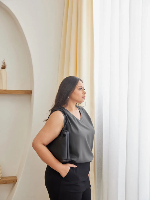 Women Plus Size Grey V-Neck Sleeveless Top