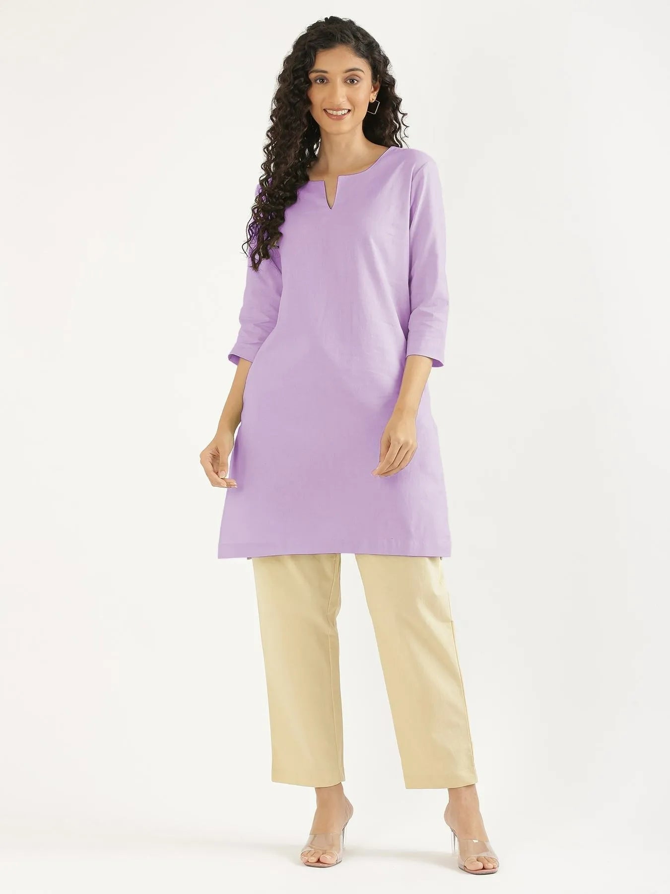 Women Lilac Airy Linen Mid Thigh Length Kurta