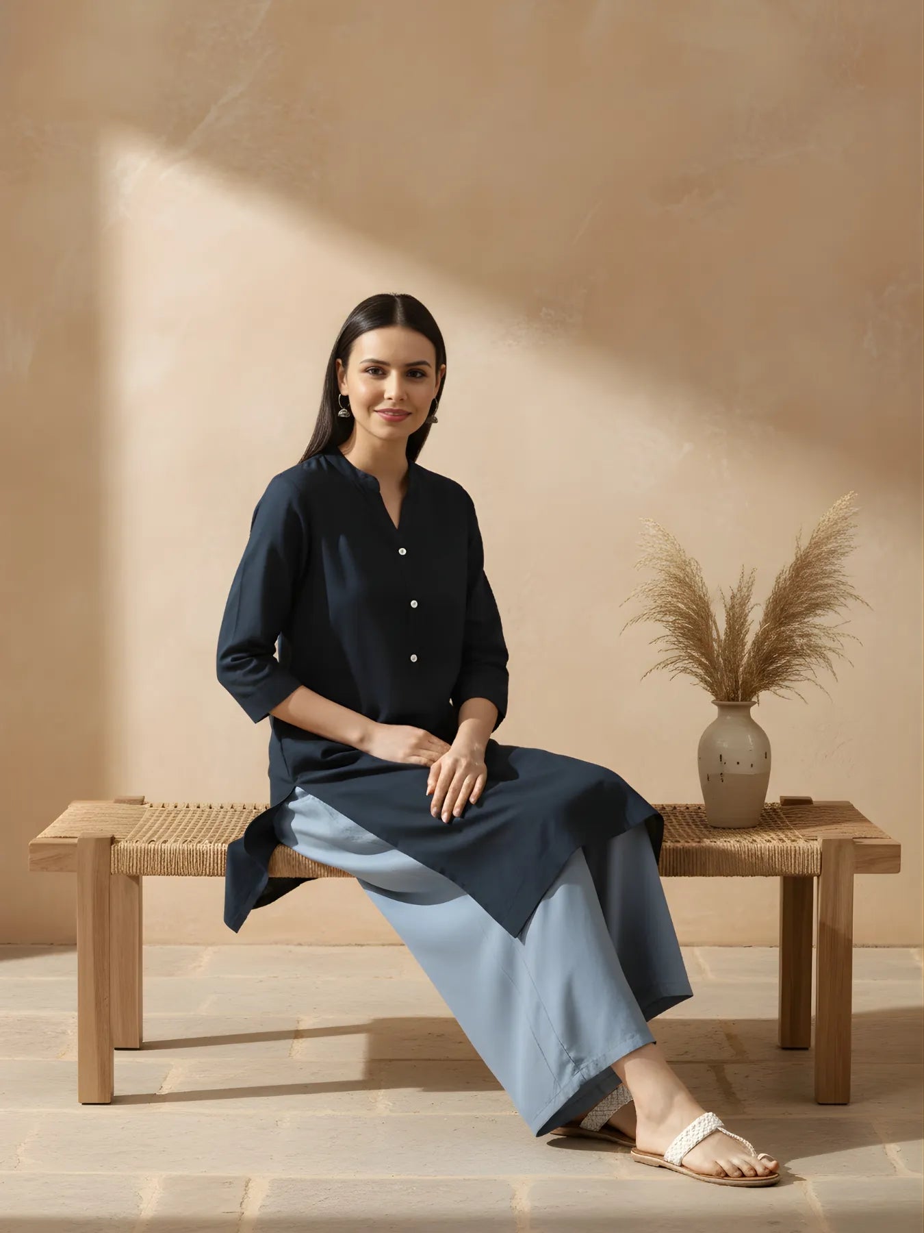 Women Navy Blue Airy Linen Long Kurta & English Blue Viscose Palazzo Pant Set