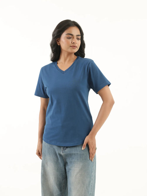 Women Midnight Blue V-neck T-shirt
