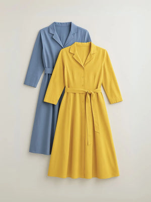 English Blue & Yellow Airy Linen Flared Dress