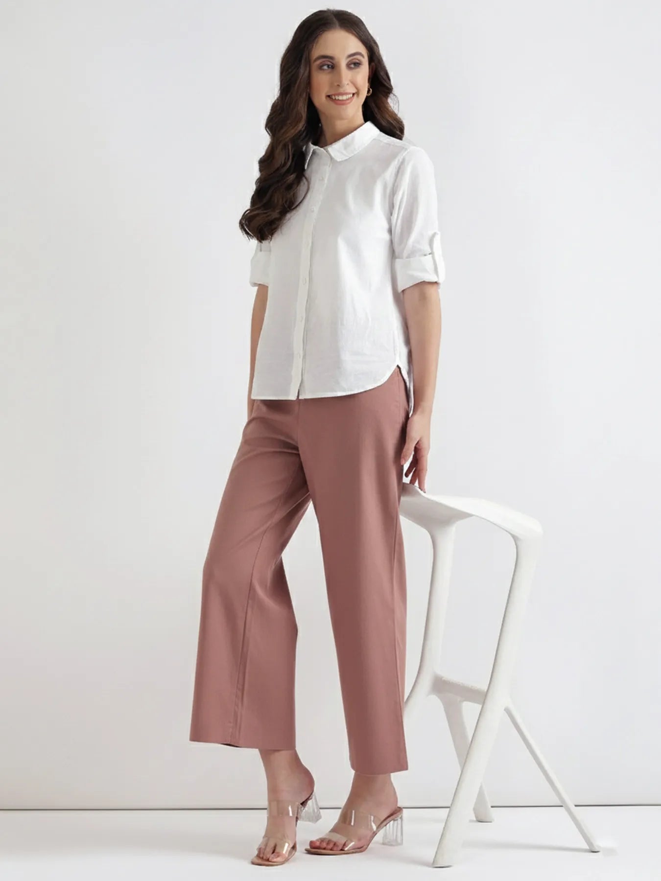 Women  Rose Taupe Airy Linen Wide Leg Pant