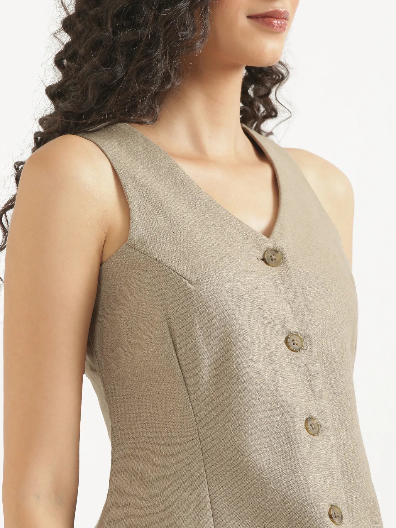 Women Khakhi Linen Blend Waist Coat