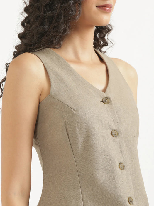 Women Khakhi Linen Blend Waist Coat
