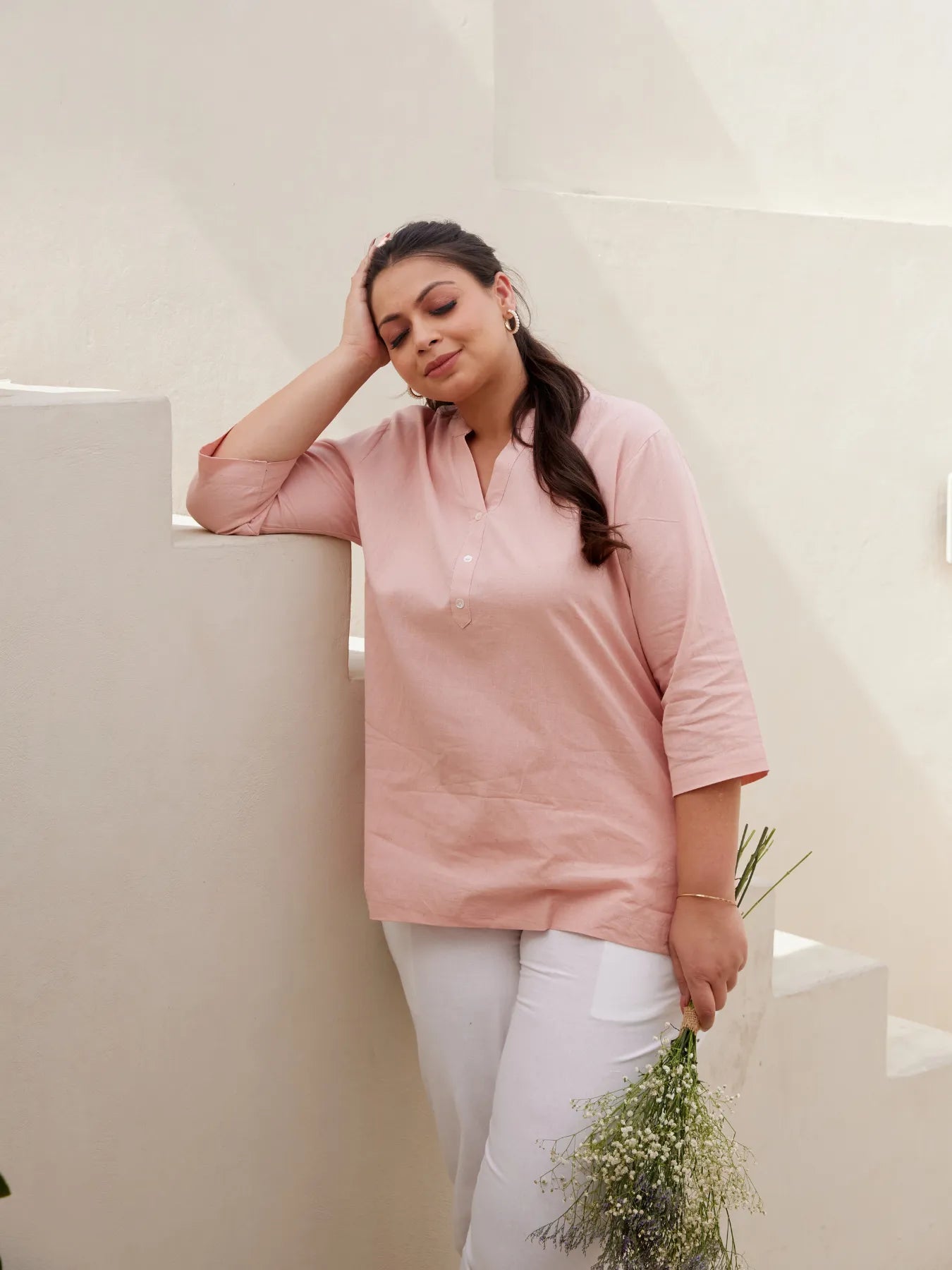 Salmon Pink Short Kurta with White Cotton Pant