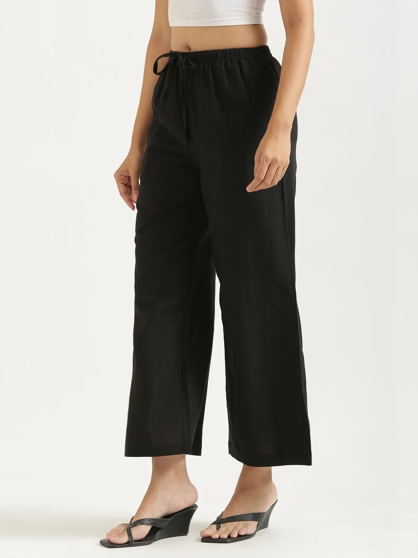 Women Black Flowy Linen Wide Leg Pants