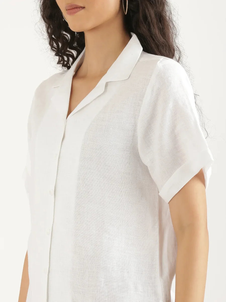 Women White Pure Linen Notch Collar Shirt