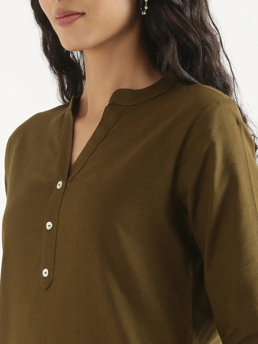 Women Olive Green Airy Linen Long Kurta & Cement Grey Cotton Pant Set