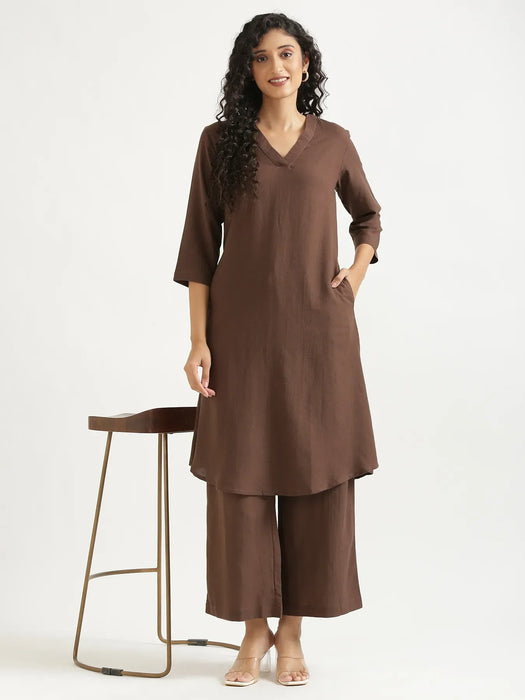 Women Dark Brown Flowy Linen Kurta Set