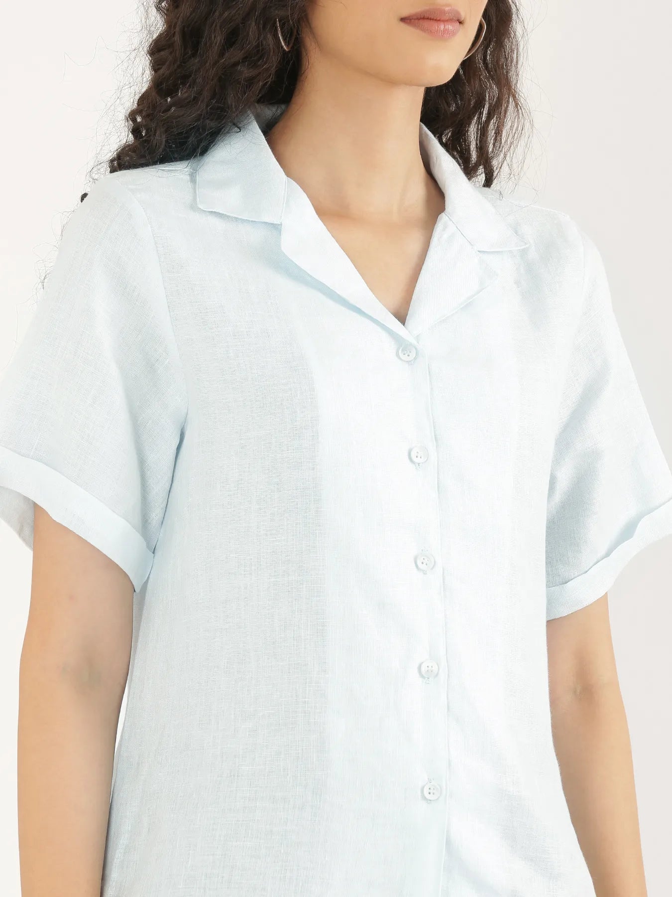 Women Light Blue Pure Linen Notch Collar Shirt