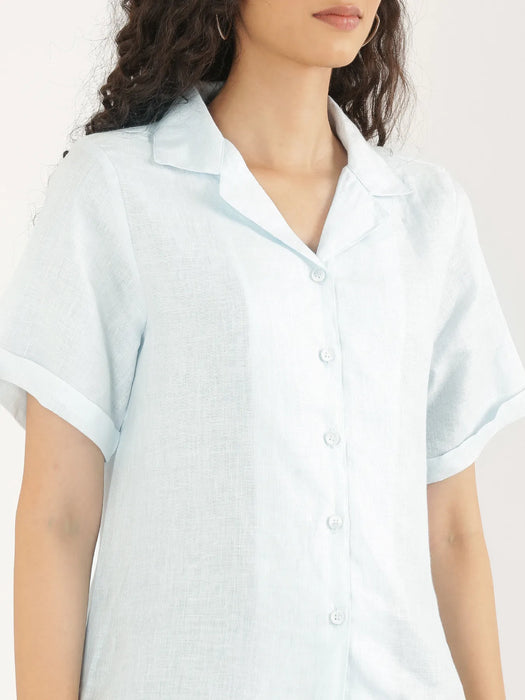 Women Light Blue Pure Linen Notch Collar Shirt
