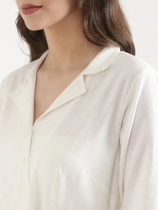 Women Ecru & White Airy Linen Flared Dress