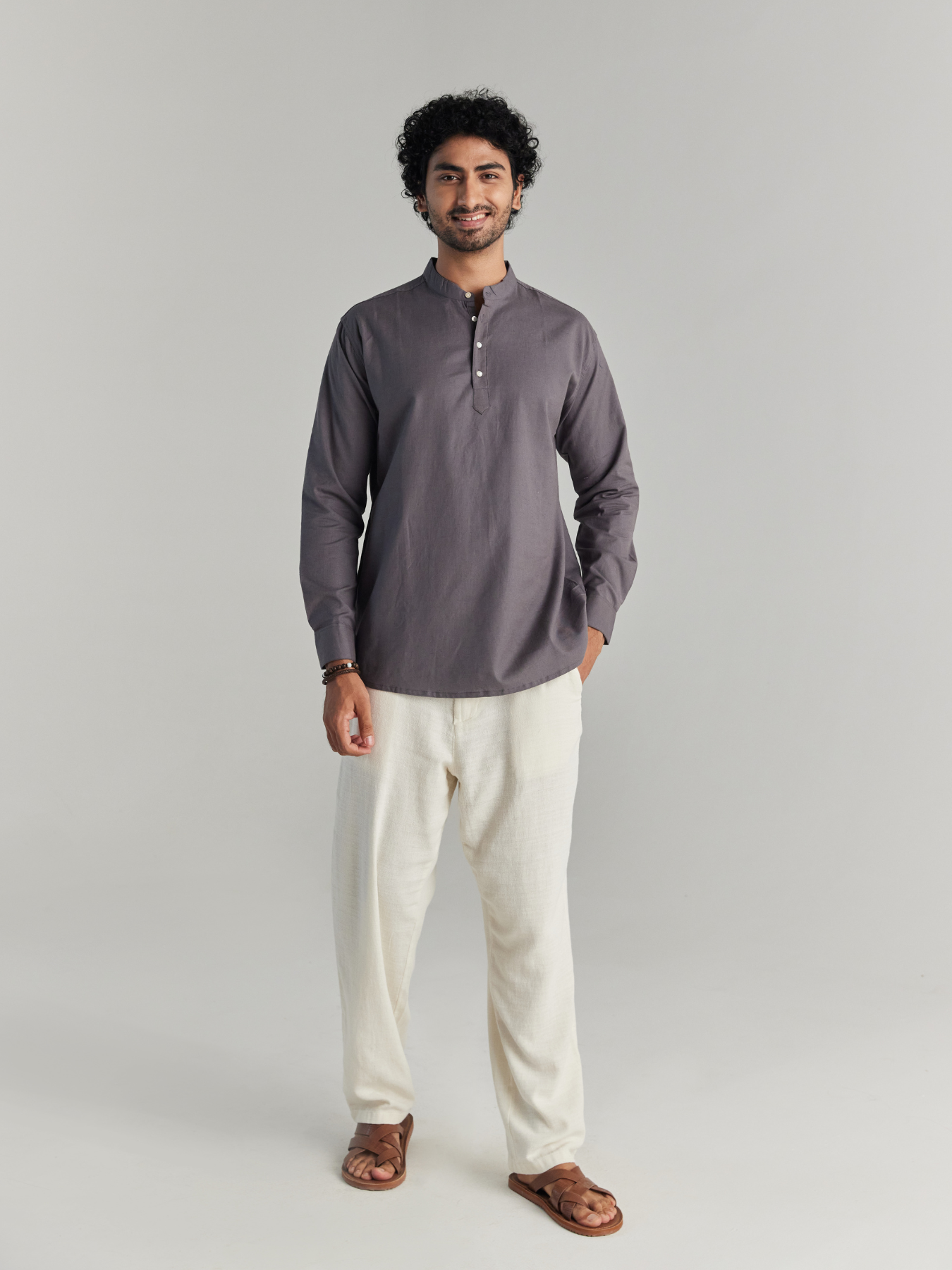 Men Slate Grey Airy Linen Short Kurta