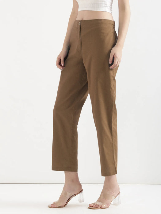 Women Coffee Brown Airy Linen Straight Pants