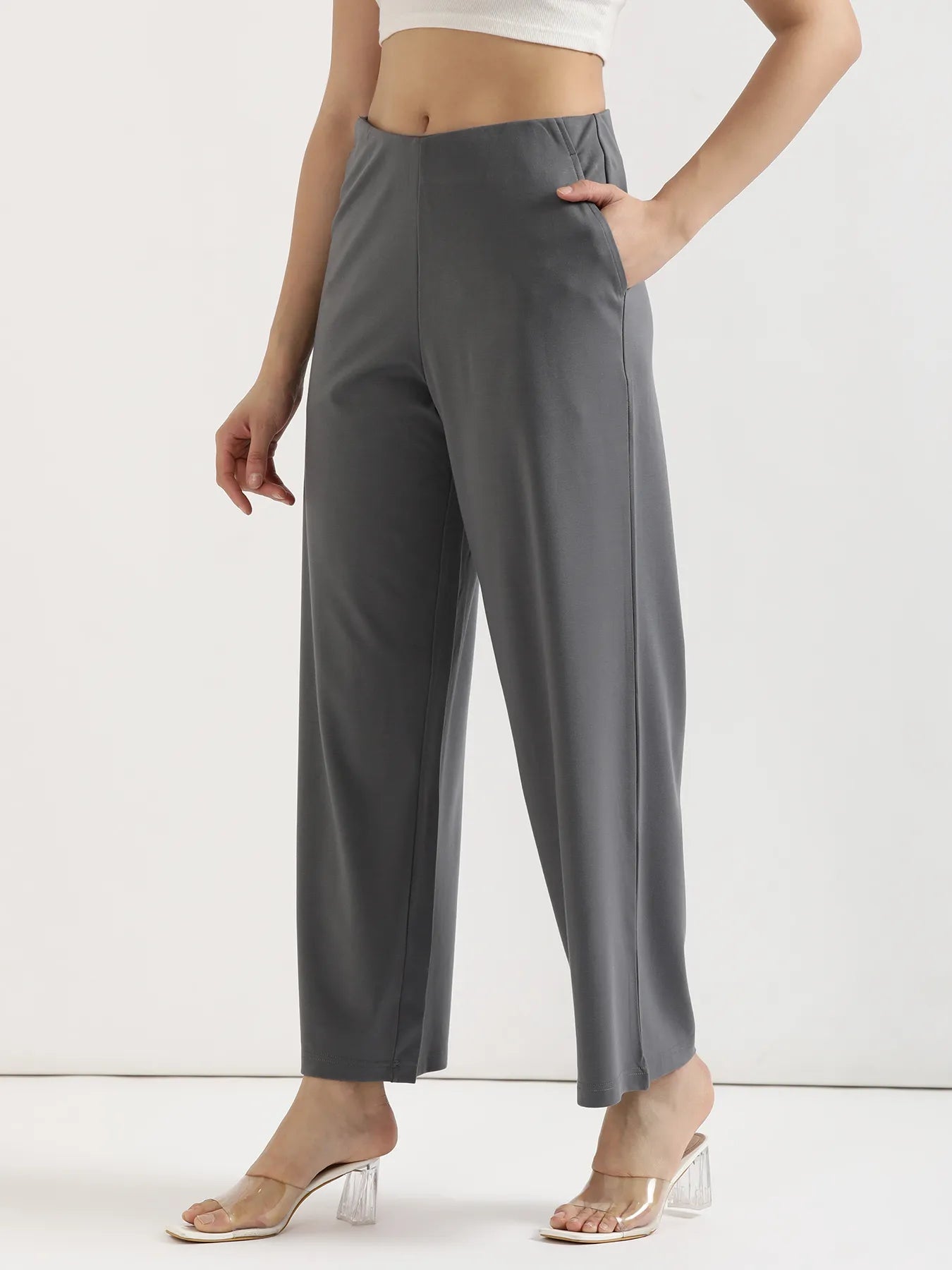 Women Cement Grey Wide Leg Pants