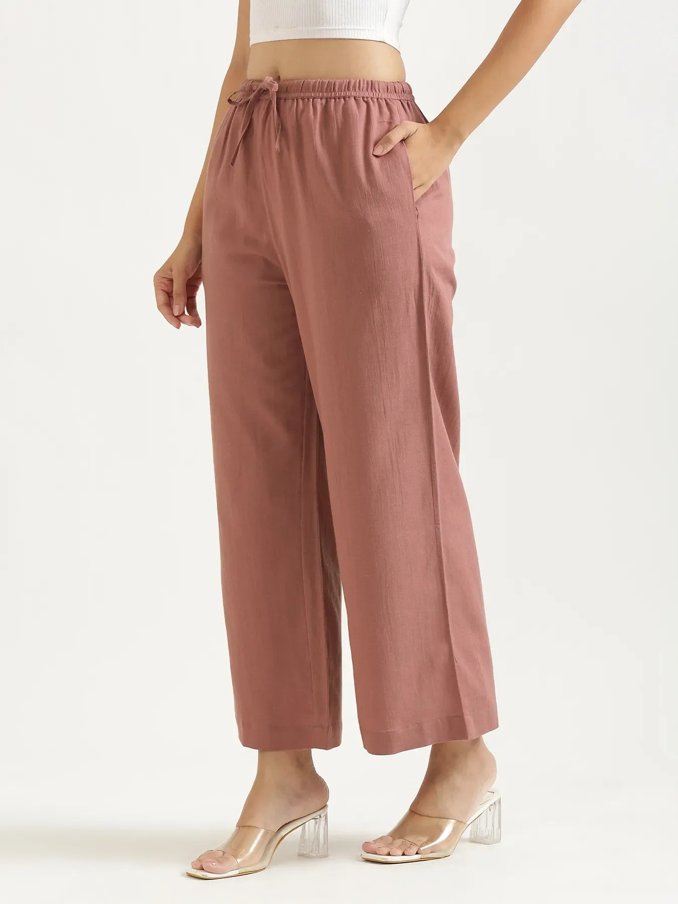 Women Rose Taupe Flowy Linen Wide Leg Pants