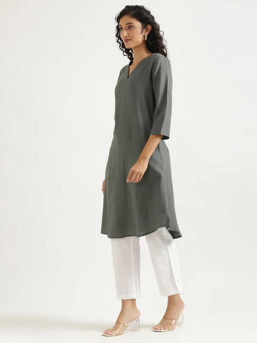 Women German Grey Flowy Linen A-Line Long Kurta