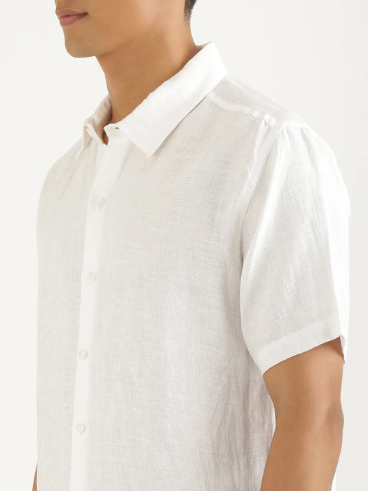 Men White Pure Linen Short Sleeve Shirt