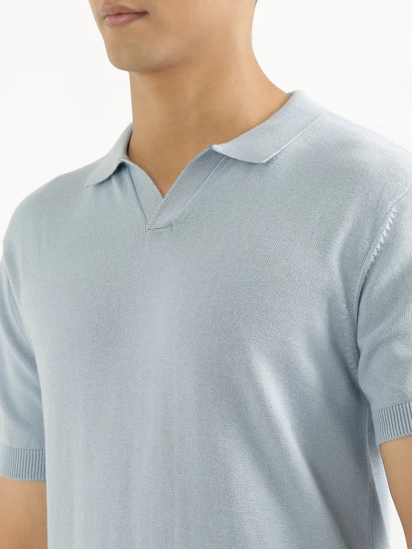 Men Light Blue Flat Knit Polo