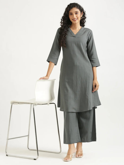 Women German Grey Flowy Linen Kurta Set