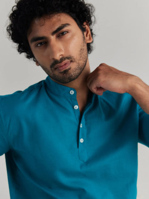 Men Teal Airy Linen Short Kurta