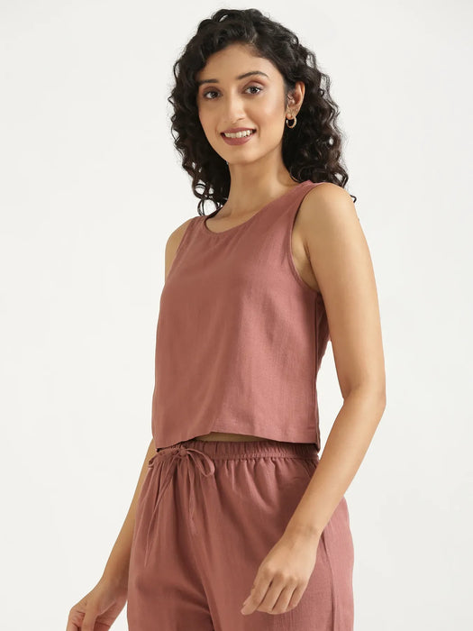 Women Rose Taupe Flowy Linen Crop Top