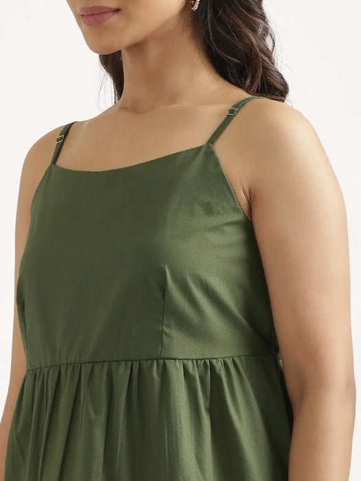 Women Forest Green Better Cotton Peplum Top & Ecru Airy Linen Straight Pant