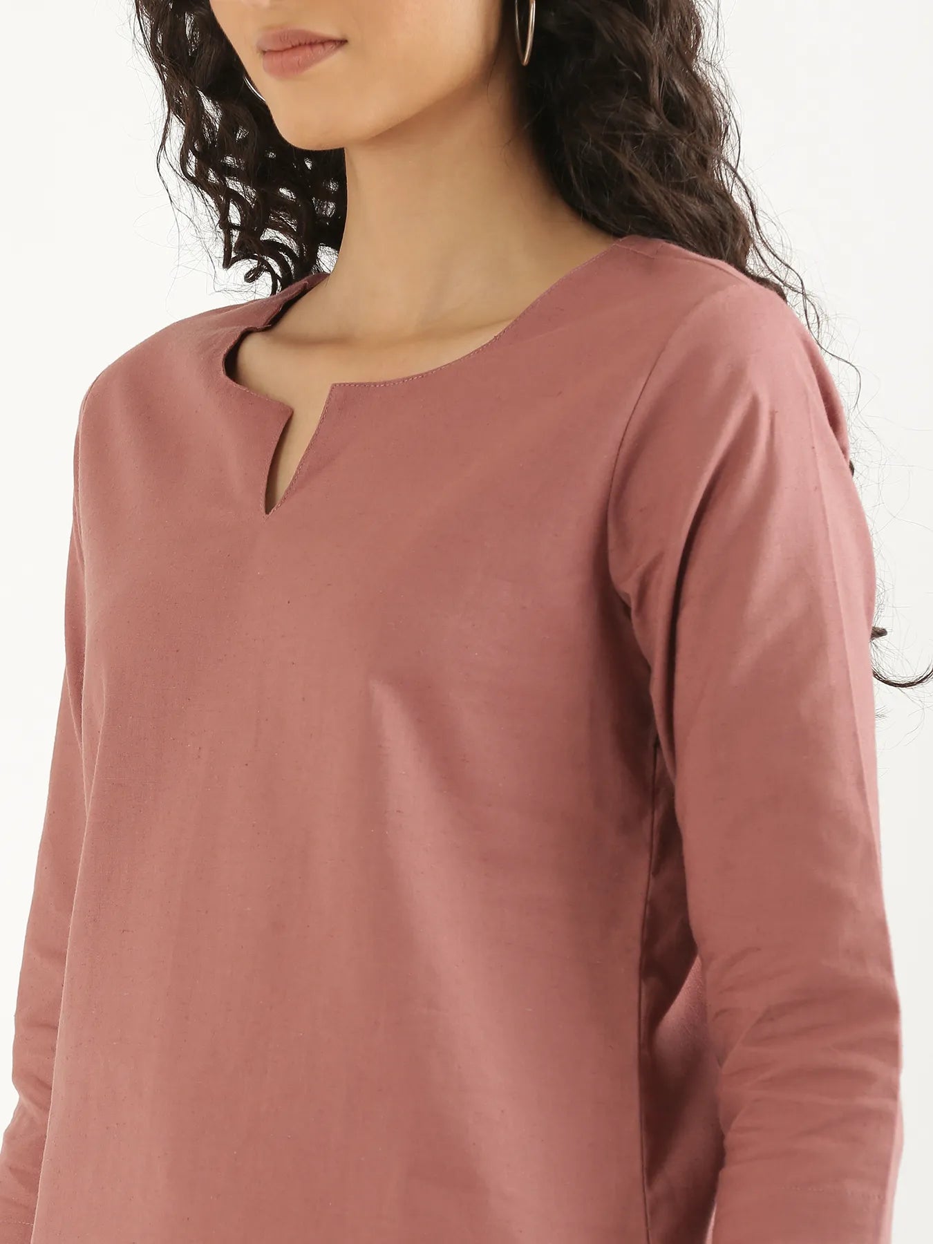 Women Rose Taupe Airy Linen Split Neck Short Kurta